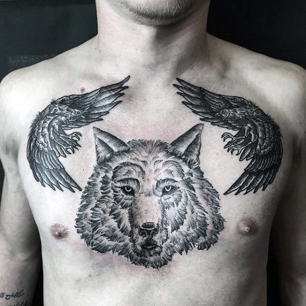 Guys Wolf With Crows Chest Tattoo Designs