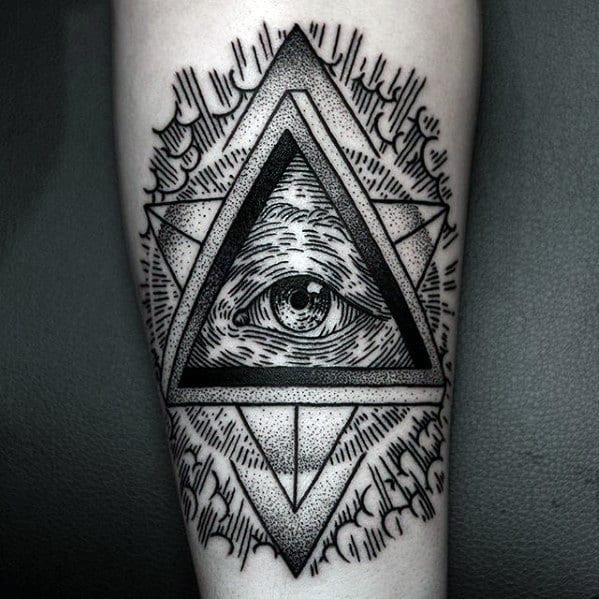 Guys Woodcut Eye Of Providence Forearm Tattoo