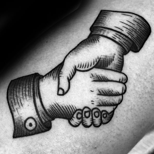 Guys Woodcut Small Arm Tattoo Ideas Handshake Designs