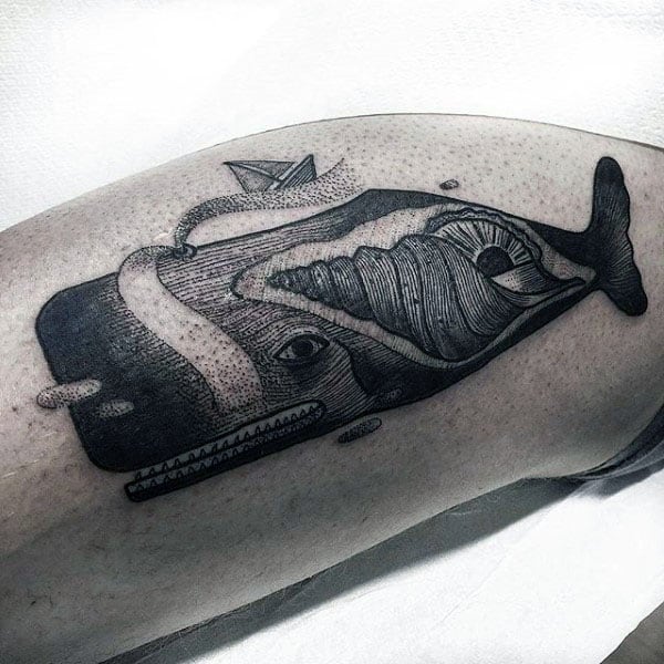 Guys Woodcut Whale Arm Tattoo Designs