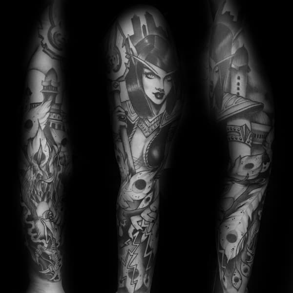 Black and grey full-sleeve tattoo featuring a fierce female World of Warcraft character in armor, with a castle and battle elements in the background.