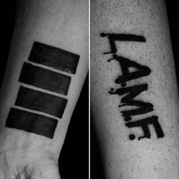 Black Flag bars tattooed on the wrist in bold black ink, paired with "L.A.M.F." on the forearm in gritty, punk-style lettering.