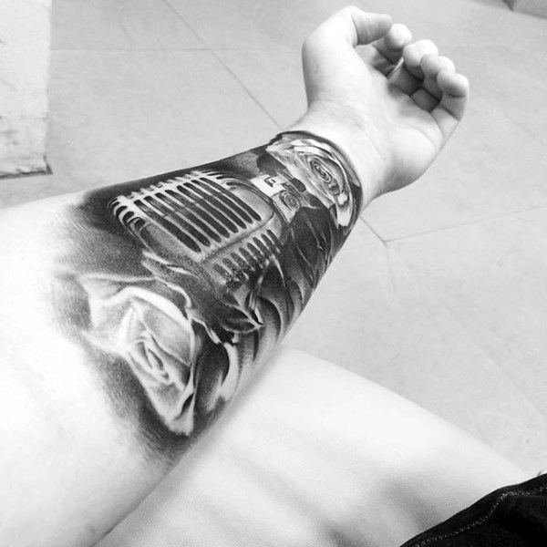 Guys Wrist Rose And Microphone Tattoo