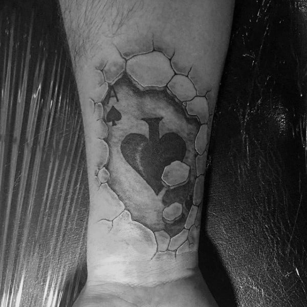 Guys Wrist Spade Tattoos Of Black Shaded Ace Of Spades And Cracked Wall