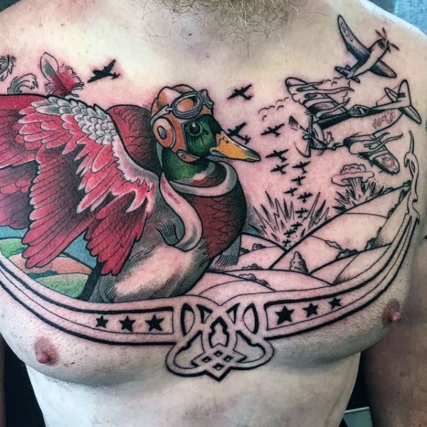 Guys Ww2 Flying Duck Upper Chest Tattoos