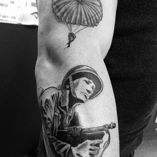 Guys Ww2 Solider And Parachute Tattoo On Arm