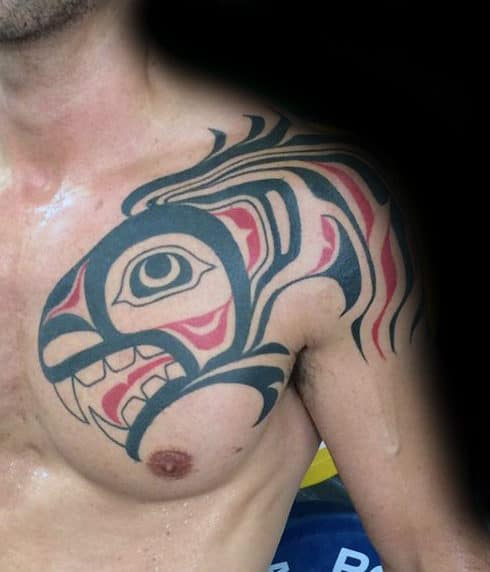 Haida Male Red And Black Ink Tribal Shoulder Tattoos