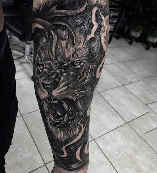 Hairy Black And Grey Lion Tattoo Mens Forearms