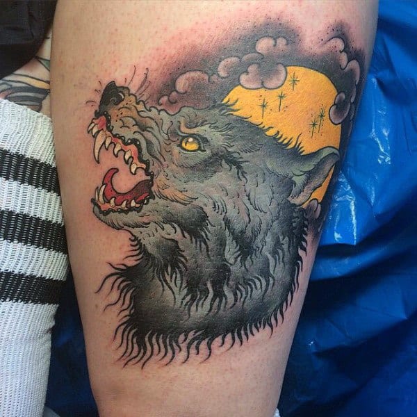 Hairy Wolf With Yellow Eyes Tattoo Mens Arms