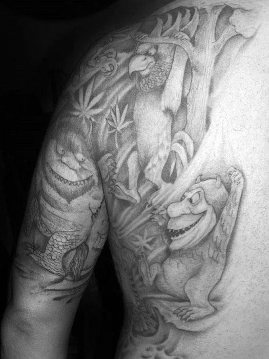 Half Back And Arm Where The Wild Things Are Shaded Tattoos For Men