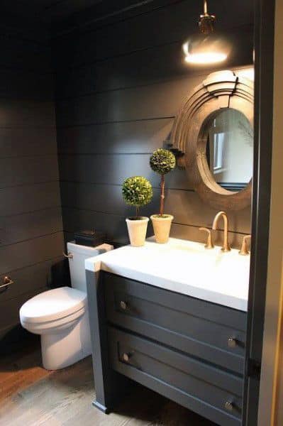 Cozy half bath with dark wood paneling, round mirror, modern sink, potted plants, and warm lighting