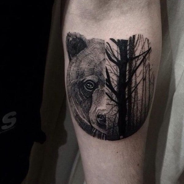Half Bear Half Tree Forest Mens Inner Forearm Tattoos