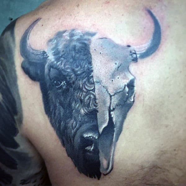 Half Bison Half Skull Mens Shoulder Tattoo