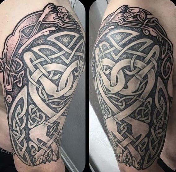 Half Celtic Sleeve Mens Tattoo With Dotwork Design