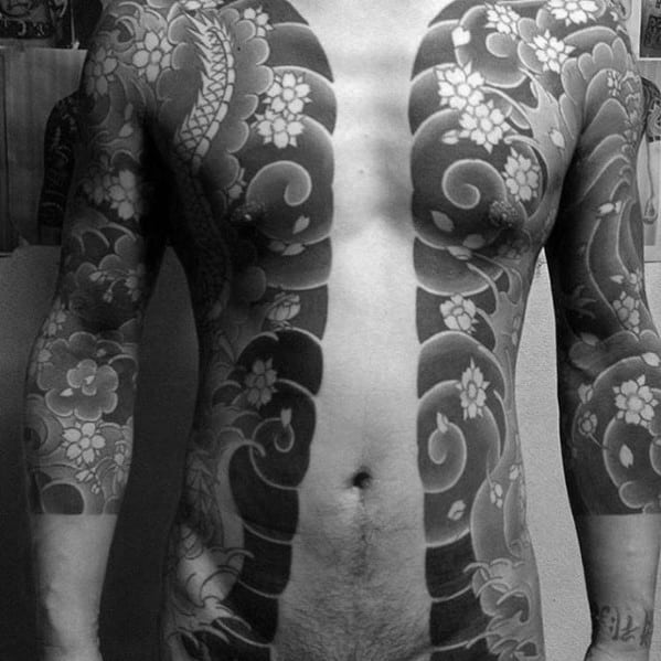 Half Chest Guys Shaded Wind Clouds With Splashing Water Japanese Tattoo