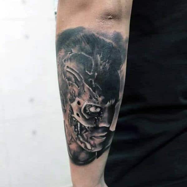 Half Cyborg And Half Human Guys Terminator Tattoo On Outer Forearm