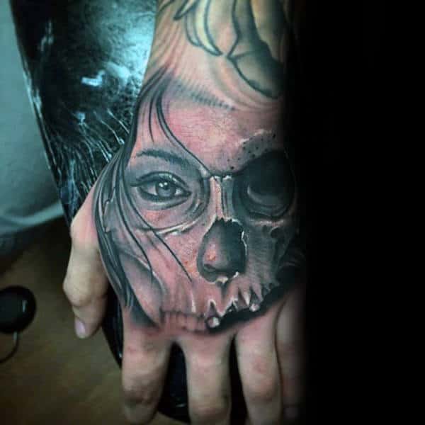 Half Female Portrait Half Skull Guys Hand Tattoos