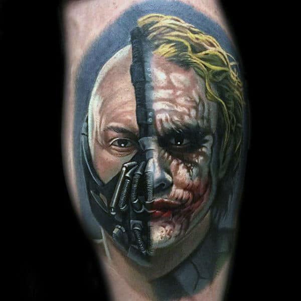 Half Joker Half Bane Mens Leg Tattoos