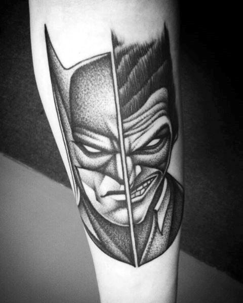 Half Joker Half Batman Mens Inner Forearm Shaded Tattoos