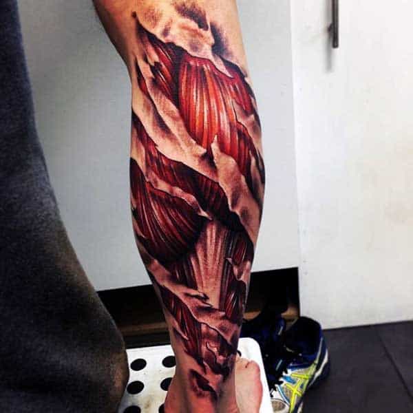 Half Leg Sleeve Ripped Skin Muscle Tattoos