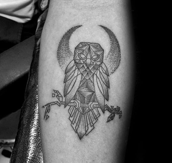 Half Moon With Geometric Owl On Tree Branch Mens Inner Forearm Tattoo