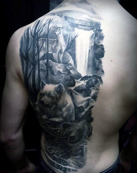 Half Of Back Deer With Bears Mens Waterfall Tattoo Designs
