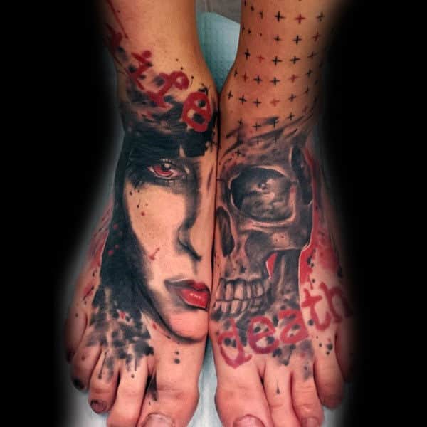 Half Portrait Half Skull Mens Trash Polka Foot Tattoos