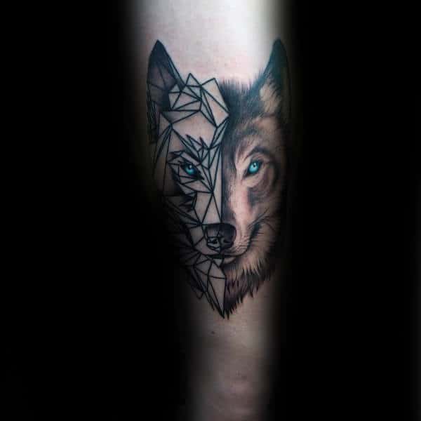 Half Realistic Half Geometric Wolf Mens Tattoo
