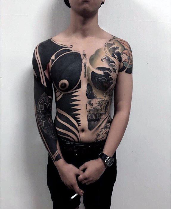 Half Skull And Half Blackwork Mens Cover Up Full Chest Tattoos
