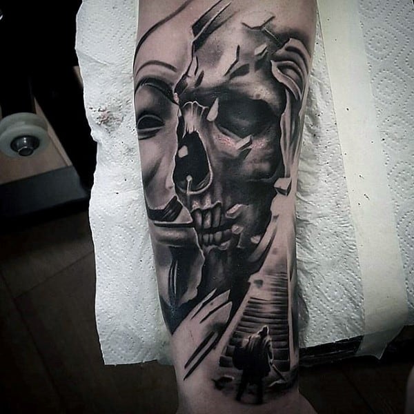 Half Skull And Mask Guys Chicano Stairway To Heaven Arm Tattoo