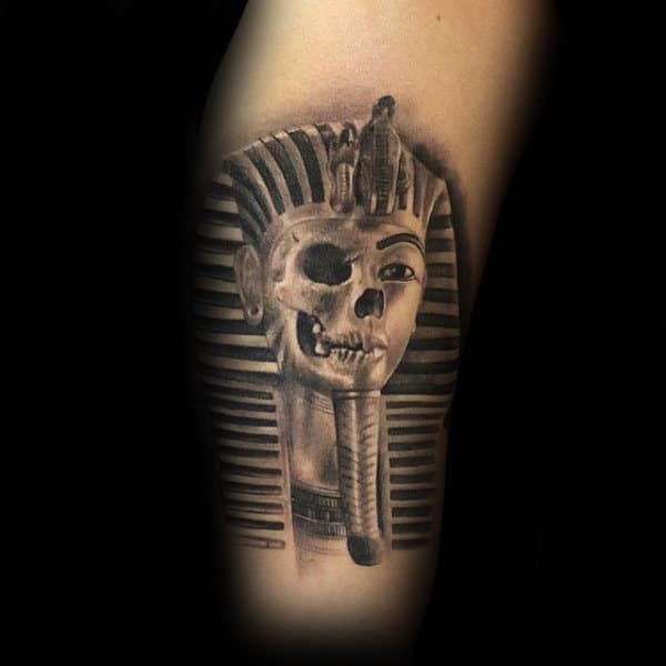 Half Skull King Tutankhamun Mens Arm Tattoo With 3d Design