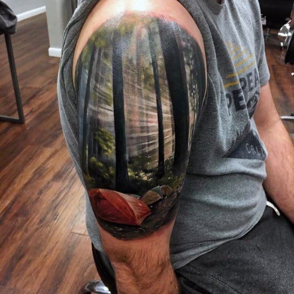 Half Sleev 3d Ultra Realistic Male Tattoo With Tent Design