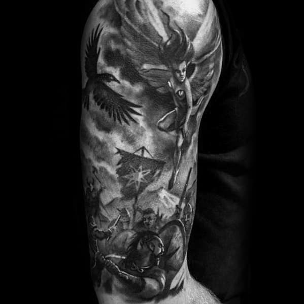 Half Sleeve 3d Battle Scene Guys Tattoo Ideas Valkyrie Designs