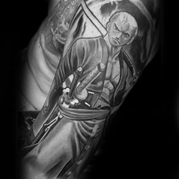 Half Sleeve 3d Black And Grey Ink Anime Tattoo Designs For Guys