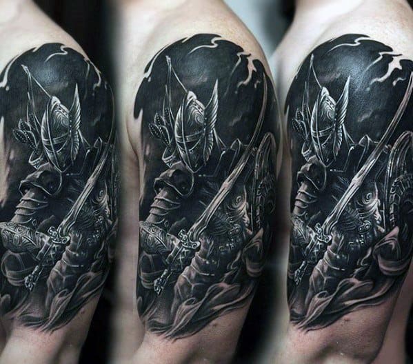 Intricate black and grey Skyrim tattoo of a knight with a sword on an upper arm