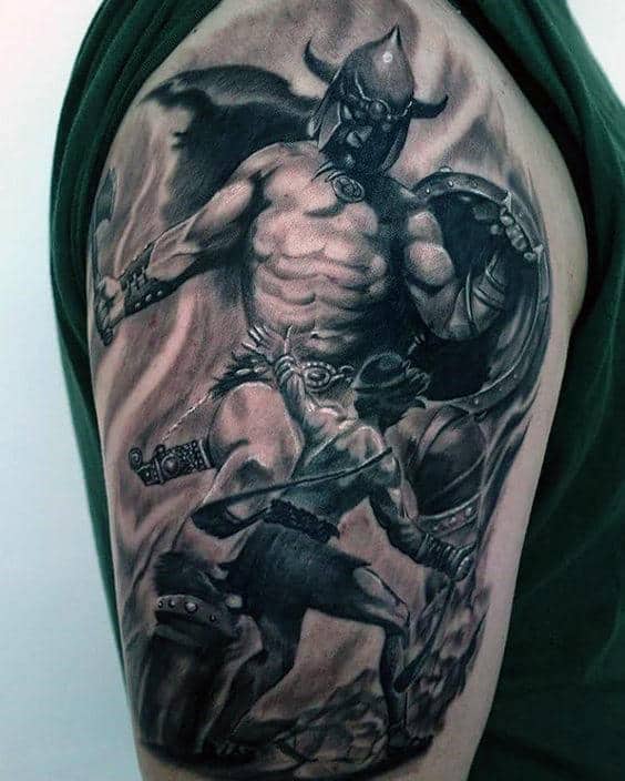 Half Sleeve 3d Mens David And Goliath Tattoo Designs