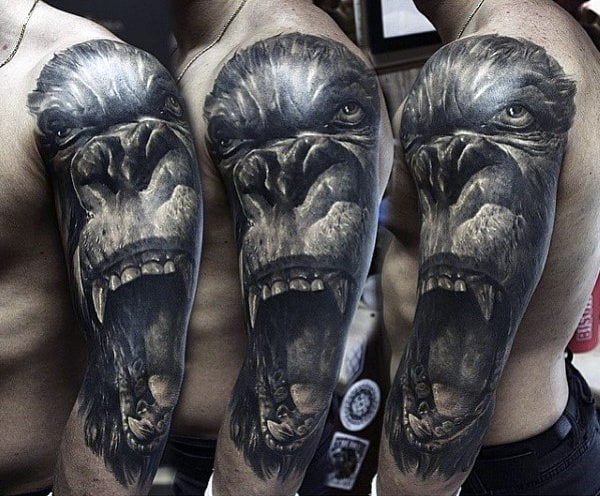 Half Sleeve 3d Mens Gorilla Tattoos In Black Ink