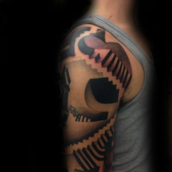 Bold MC Escher-inspired tattoo with sharp black and red staircases twisting in impossible directions across the upper arm and shoulder.