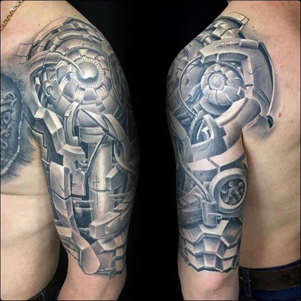 Half Sleeve 3d Realistic Gears Tattoo Designs For Men