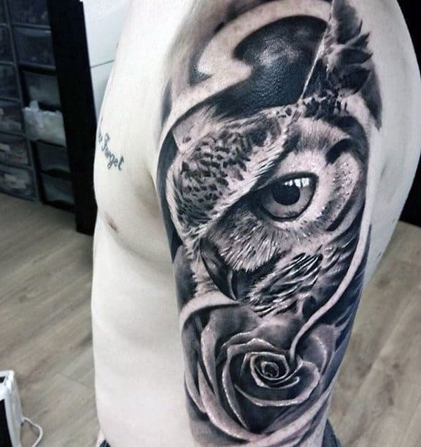 Half Sleeve 3d Realistic Owl With Rose Flower Male Tattoos