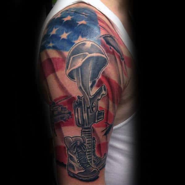 Half Sleeve American Flag Shaded Fallen Soldiers Cross Tattoo For Men