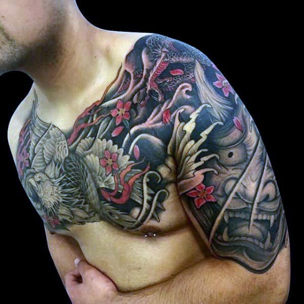 Half Sleeve And Chest Guys Hannya Mask Japanese Tattoos