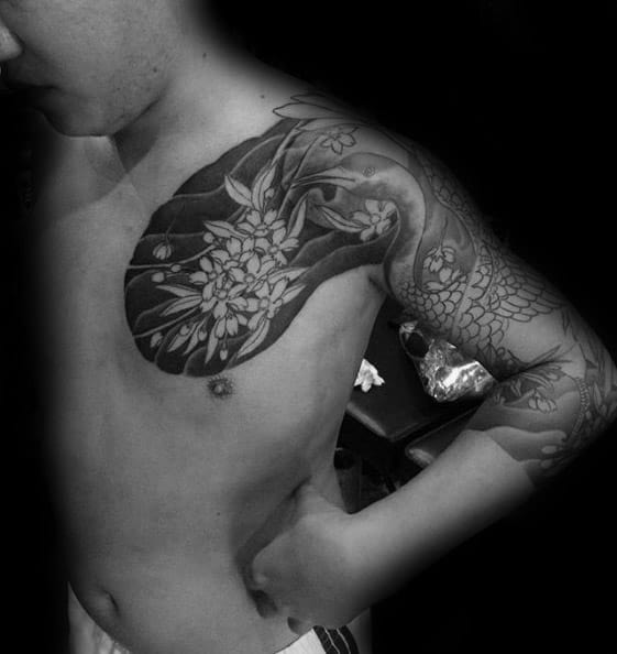 Half Sleeve And Chest Male Crane Japanese Tattoo Design Ideas