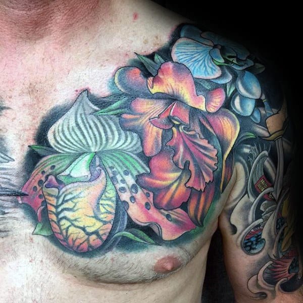 Half Sleeve And Chest Male Orchid Flower Tattoos