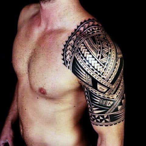 Half Sleeve And Shoulder Male Polynesian Tribal Tattoos