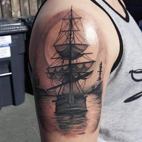 Half Sleeve Arm Ship Tattoo For Guys