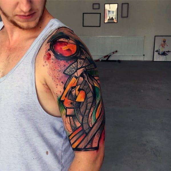 Half Sleeve Artsy Lion Watercolor Male Tattoos