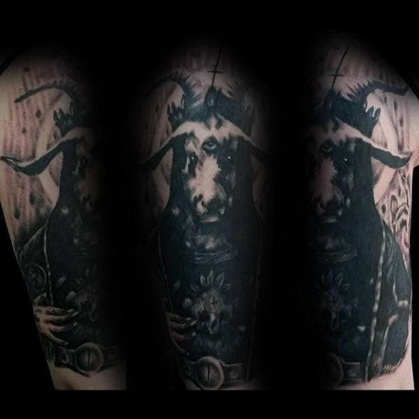 Half Sleeve Baphomet Mens Tattoo With Dark Black Ink Design