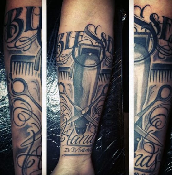 Half Sleeve Barbershop Tattoo With Clippers And Scissors For Men