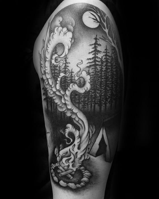 Half Sleeve Black And Grey Shaded Masculine Tent Tattoos For Men